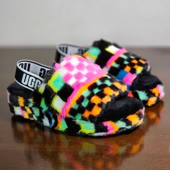 UGG Fluff Yeah Slide Sandal Women's Size 6 Checkered Faux Fur Black White Pink - Picture 4 of 13